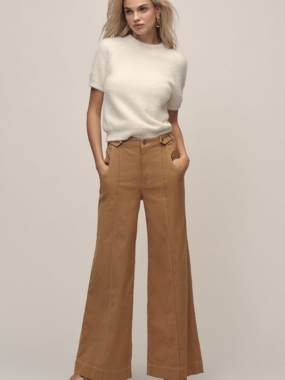 Maeve Linen Cotton Contrast Stitch High-Rise Wide-Leg Pants Neutral Size 6